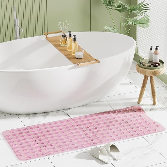 AmazerBath Shower Mat Non Slip 40 x 16 Inches, Shower Stall Mats with Suction Cups and Drain Holes, Non Slip Bath Mat for Tub for Elderly & Kids, Clear Pink