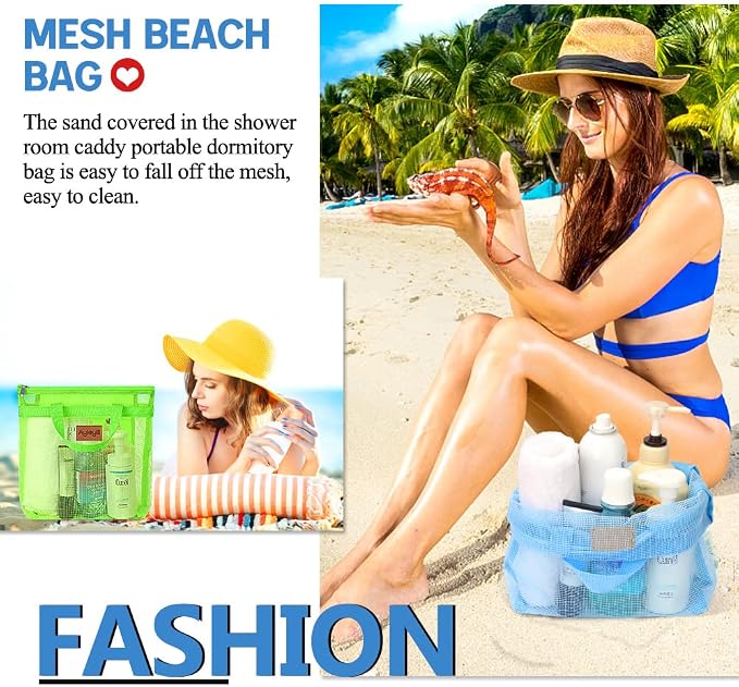 3 Pcs Portable Mesh Shower Caddy Tote, Quick Dry Tote Bag Mesh Beach Bags for Women, Hanging Toiletry and Bath Organizer for Travel Swimming Sports Gym Camp Shopping College Dorms (Blue Green Yellow)