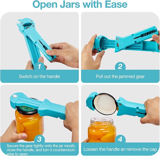 Jar Opener for Seniors with Arthritis, 7 in 1 Bottle Opener and Wine Corkscrew, Easy Grip Kitchen Gadget for Weak Hands Elderly, Retractable Jaw Lid Opener with Magnetic Storage (Teal)