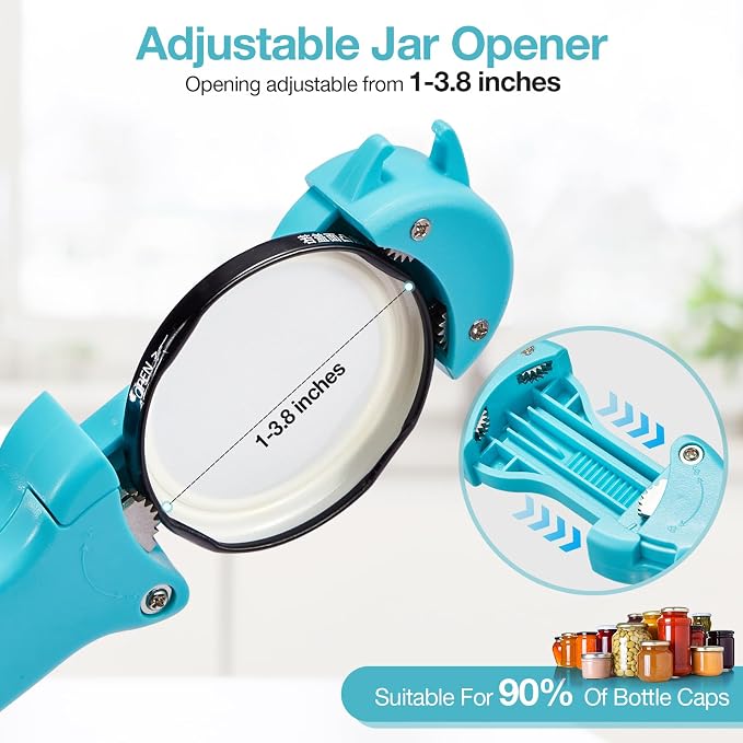 Jar Opener for Seniors with Arthritis, 7 in 1 Bottle Opener and Wine Corkscrew, Easy Grip Kitchen Gadget for Weak Hands Elderly, Retractable Jaw Lid Opener with Magnetic Storage (Teal)