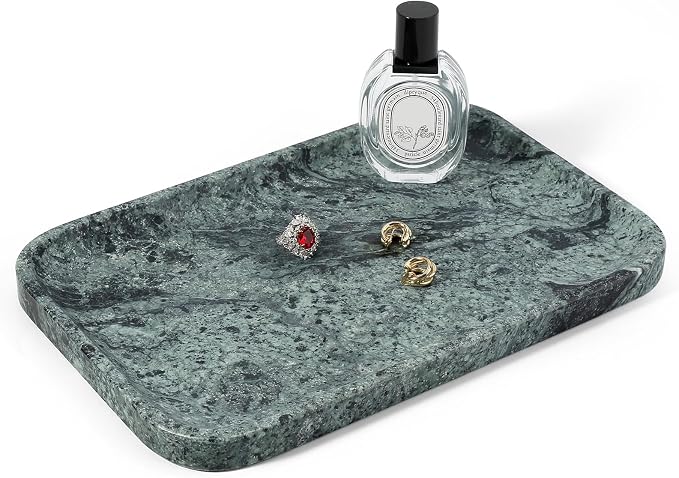 Koville Marble Tray, 12"x8" Marble Vanity Tray for Countertop Bathroom Kitchen Dresser, Decorative Catchall Trays for Perfume Jewelry, Rectangular Stone Serving Tray(Green)