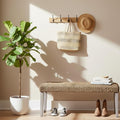 Solid Wood Acacia Indoor Bench with Natural Woven Water Hyacinth Seat, Wood Bench for Living Room or Entryway, Vintage Bench, Fishbone Style, Plait Style with Grey Leg