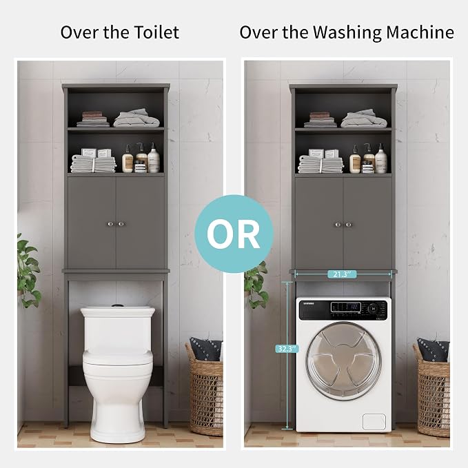 Shintenchi Over The Toilet Storage Cabinet, Bathroom Above The Toilet Rack, Bathroom Adjustable Shelf Organizer with Open Bottom Bar and Anti-Tip Device, Gray