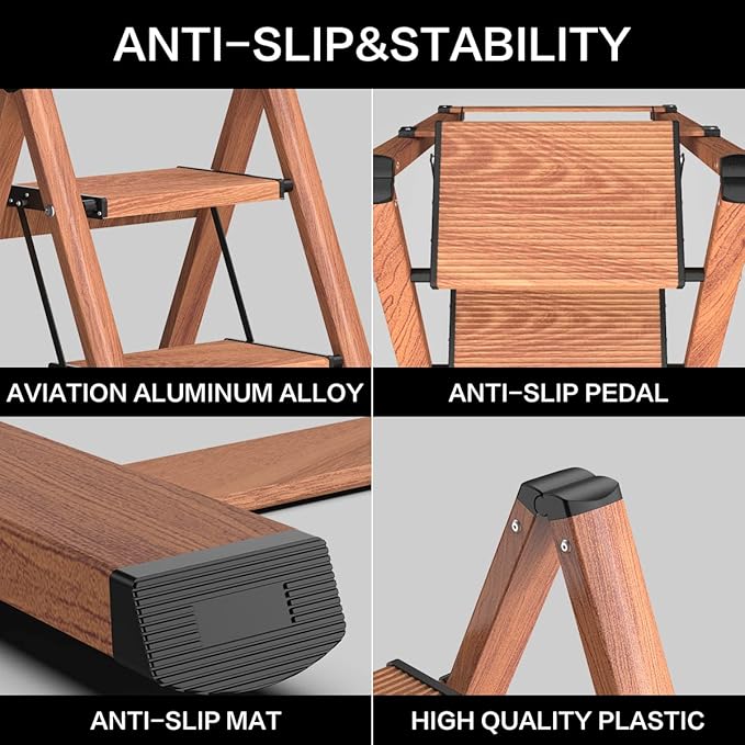 3 Step Ladder, Aluminum Folding Step Stool with Anti-Slip Sturdy and Wide Pedal, Lightweight Portable Stepladder for Home and Kitchen Use Space Saving, Woodgrain, 330 lbs