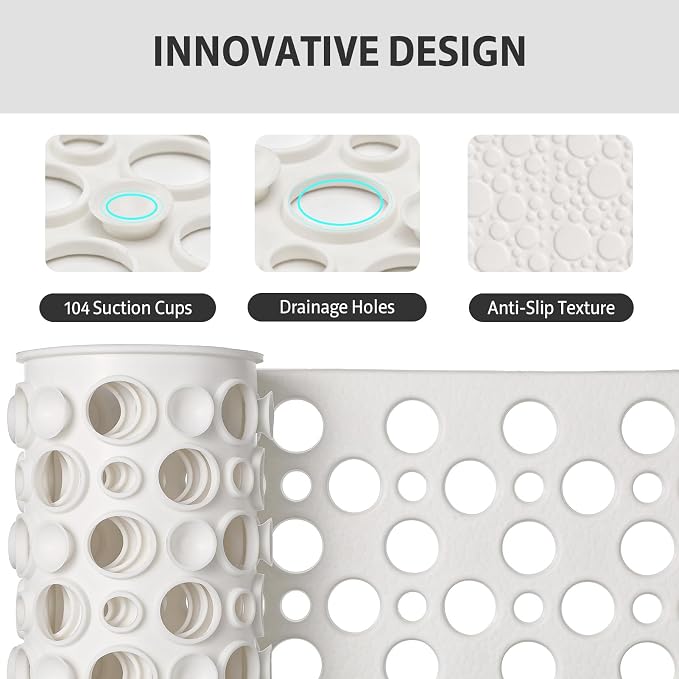 XIYUNTE Shower Mat Non Slip Bath Mat for Tub - 28" x 15" Soft TPE Bathtub Mat Non Slip Shower Mats for Inside Shower, Anti Slip Shower Mat with Suction Cups, Quick-Drying Bath Tub Mat, White