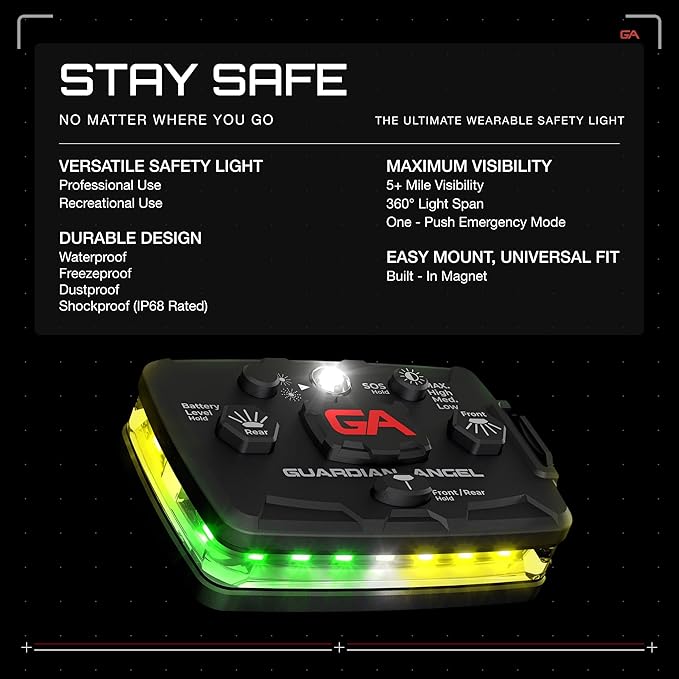 Guardian Angel Elite Series Safety Light (Green/Yellow Front & Green/Yellow Rear) - Rechargeable, Magnetic, Hands-Free Wearable & Mountable Light for Construction, Roadside, Utility & Industrial PPE
