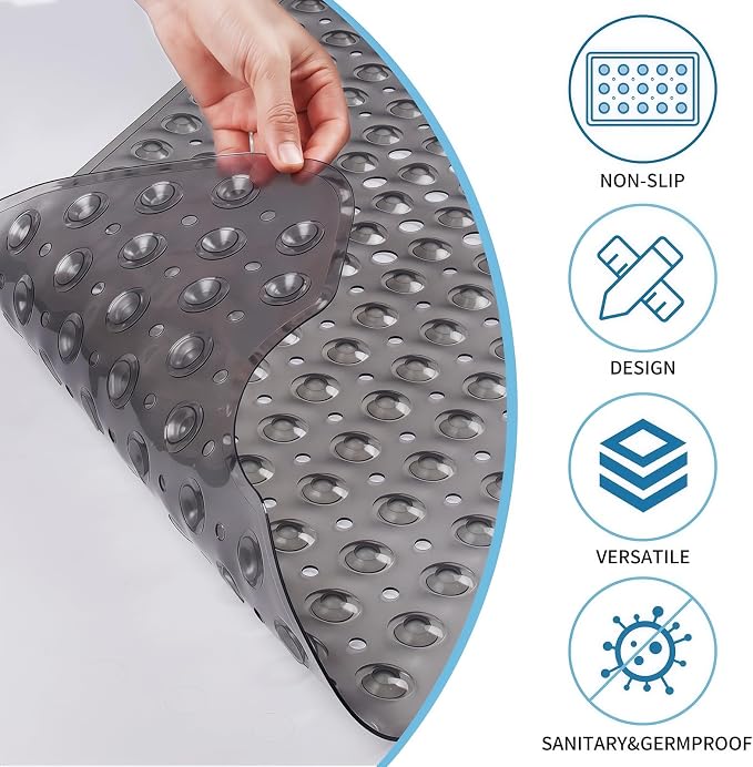 Bath Tub Shower Mat,Non Slip Machine Washable Bathroom Mat,Suction Cups and Drain Holes for Easy Cleaning,39.56 X 15.75 Inches(Grey)