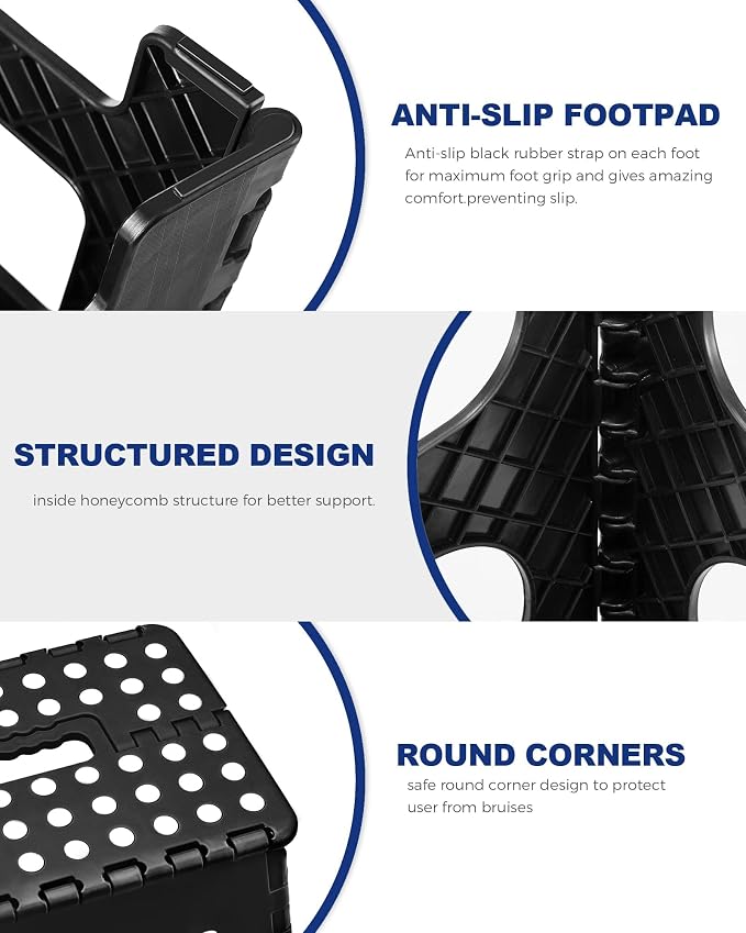 ACKO Folding Step Stool, 11 Inch Non-Slip Foldable Step Stools up to 300lbs for Kids and Adults, Portable Lightweight Collapsible Stool with Handle, for Kitchen Bathroom Black, 1 Pack
