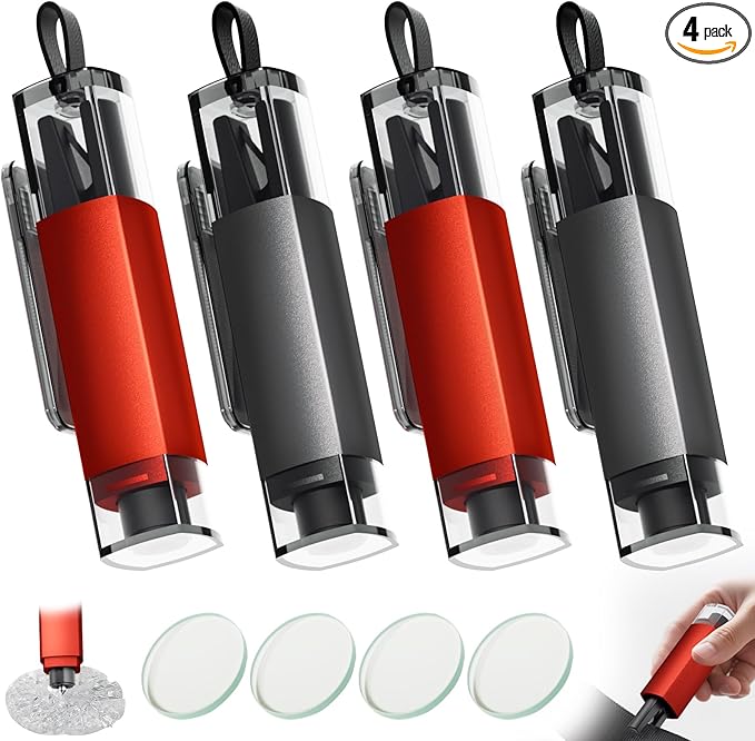 4PCS Window Breaker Seatbelt Cutter Car Safety Hammer, 2-in-1 Glass Breaker and Seat Belt Cutter with Test Glass, Underwater Emergency Escape Tool for All Vehicles (Red & Grey)