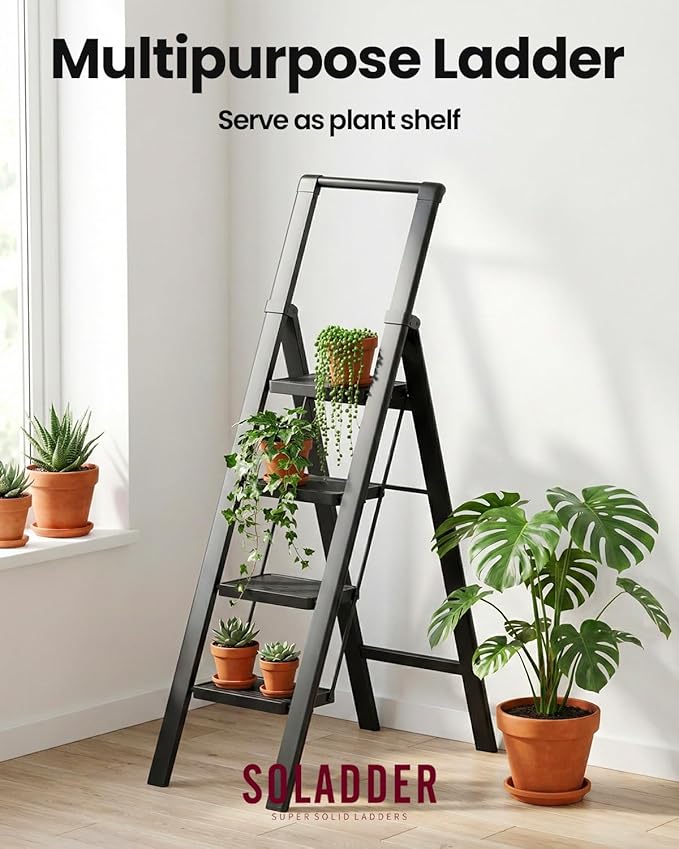 SOLADDER Step Ladder 4 Step Folding Stool with Anti-Slip Widened Sturdy Pedal and Handgrip, Portable and Multi-Use Iron Stepladder for Home, Kictchen, 300 lbs Capacity -Black