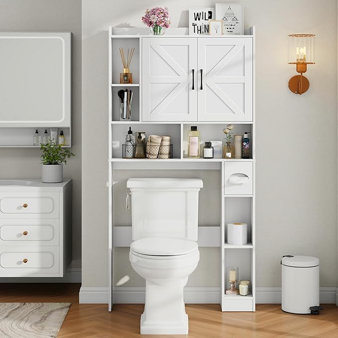Vabches Over The Toilet Storage Cabinet, Farmhouse Storage Cabinet Over Toilet with 2 Barn Door & Toilet Paper Holder Stand，Home Space-Saving Toilet Rack, for Bathroom, Restroom, Laundry