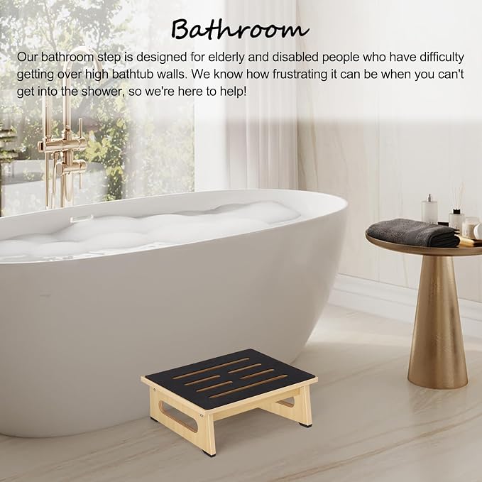 One Step Stool for Adults Seniors with Non-Slip Rubber Step Surface, 5.5" Heavy Duty Wooden Stepping Stools with 450 LBS Capacity for Bedroom Kitchen Bathroom, Bed Steps for High Beds, Bedside Support