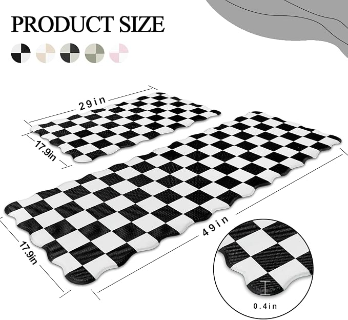Scalloped Black Checkered Grid Checkerboard Kitchen Rug Sets [2 PCs], Anti-Fatigue, Waterproof Non-Slip Kitchen Mats Heavy Duty Ergonomic Comfort Foam Rug for Floor, Laundry,17"x29"+17"x47"