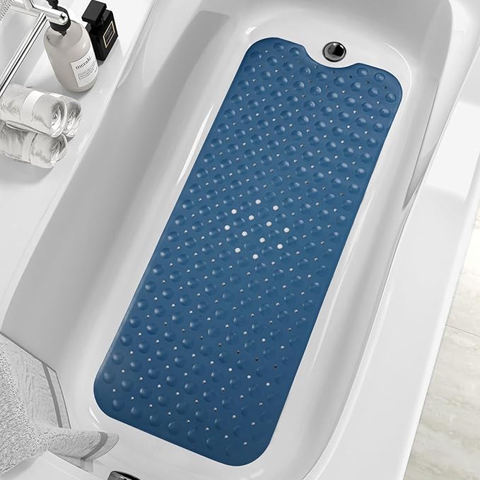 ZHICHENG Bath Tub and Shower Mats, Non-Slip 39 x 16 Inch Extra Long Bath Mat, Machine Washable Bathtub Mat with Drain Holes, Suction Cups for Bathroom (Blue)