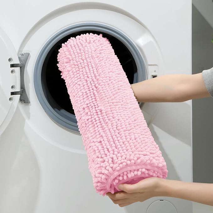 HOMEIDEAS 3 Pieces Bathroom Rugs, Ultra Soft Non Slip Absorbent Chenille Toilet Bath Mat Set (Light Pink)