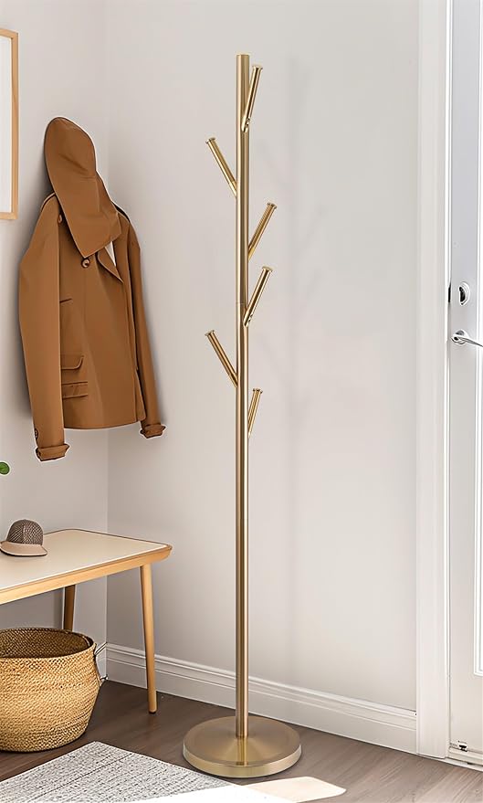 Kira Home Addison 68" Modern Gold Standing Coat Rack with 6 Hanging Hooks, Sleek Metal Gold Coat Stand with Weighted Base, Cool Brass Finish