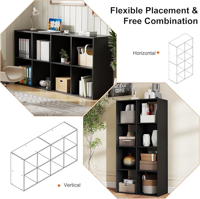 Sweetcrispy 8 Cube Storage Organizer - Open Cube Bookshelf with 4 Removable Back Panels, Display Storage Bookcase for Living Room, Bedroom, Entrance Hall, Home Office，47.7" Lx11.6 Wx24 H, Black