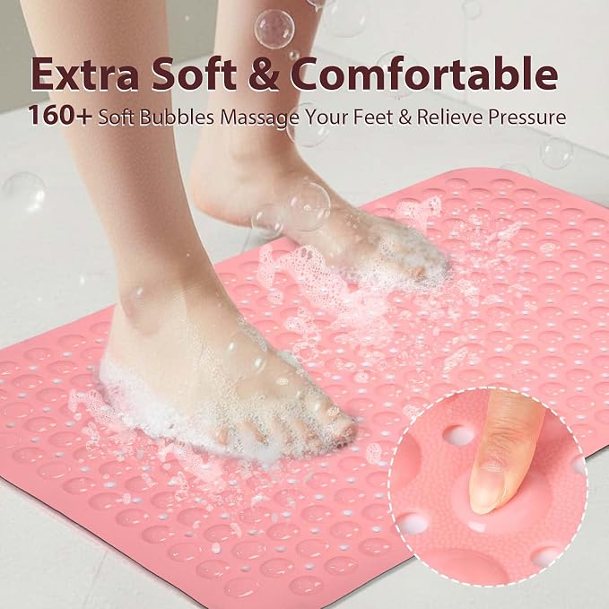 Pink Bathtub Mat Shower Mat Non Slip 17x30 Inch Standard Size, Soft Bubble Bath Tub Mat Shower Mats for Inside Shower Bathroom Floor Mat with Big Suction Cups & Drain Holes, BPA-Free