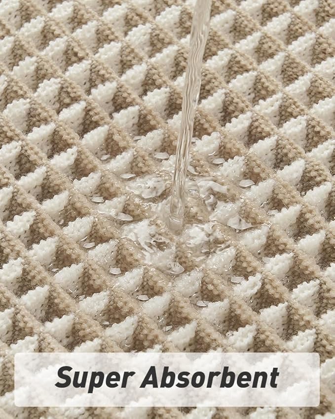 Upgraded Waffle Bath Mat Set of 2 Super Absorbent Non Slip Bath Mats for Bathroom, Washable Boho Bathroom Rugs Set 2 Pieces with Tassels, Soft Bathroom Mat Set, Brown & Cream, 17" x 24" Plus 17" x 48"