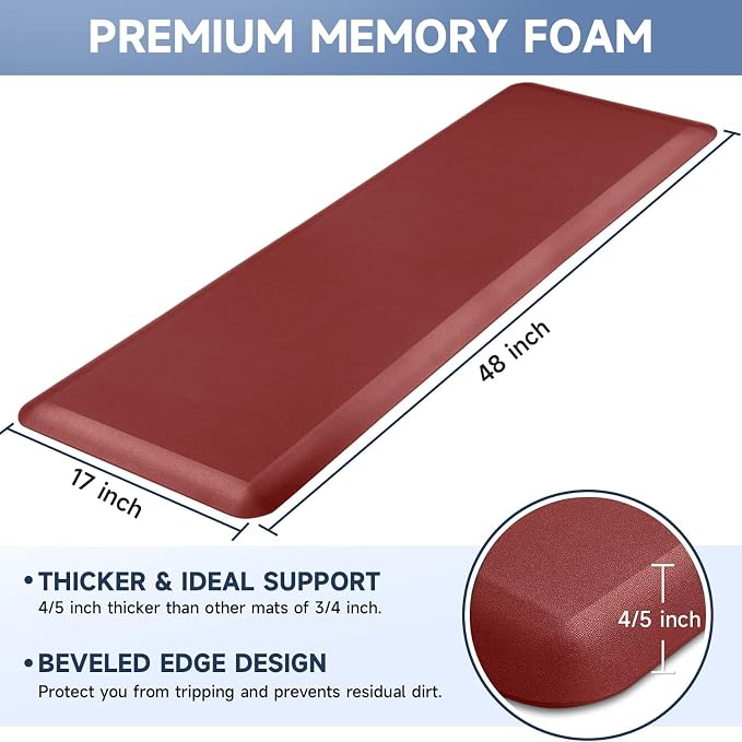 StepRite 4/5 Inch Thick Kitchen Mat Anti Fatigue Mat Kitchen Rugs Kitchen Decor Non-Slip, Stain & Water Resistant, Kitchen Mats Desk Mat for Kitchen, Office, Workshop, Red, 17'' x 47''