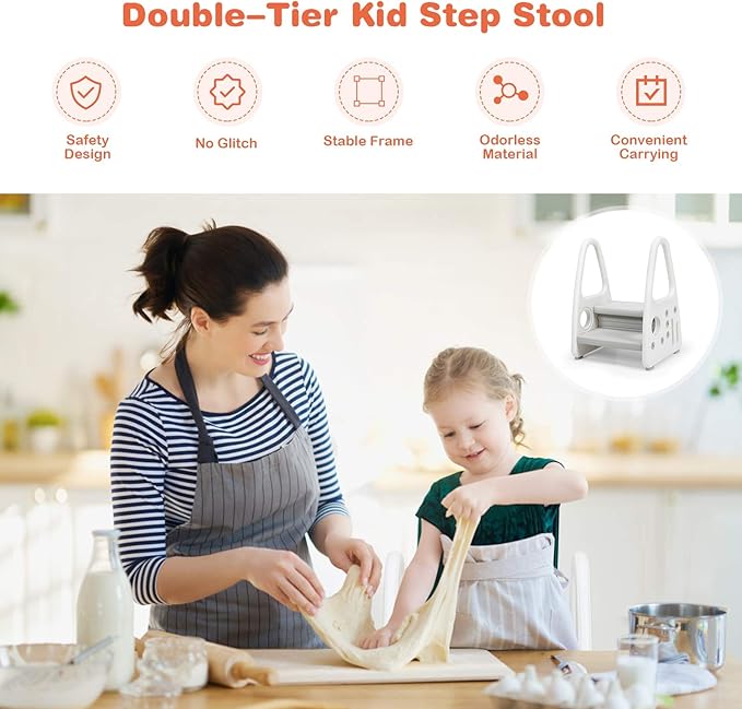 Costzon Kids Step Stool, Toddler Step Ladder for Toilet Potty Training, Kitchen Counter, Bathroom, Two Step Tower w/Non-Slip Design, Safety Handles, 110 Lbs Weight Capacity (Grey)