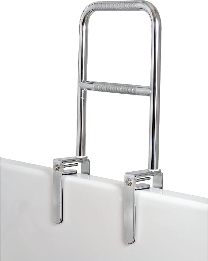 Carex Tri-Grip Bathtub Rail with Chrome Finish - Bathtub Grab Bar Safety Bar For Seniors and Handicap - For Assistance Getting In and Out of Tub, Easy to Install on Most Tubs,Silver