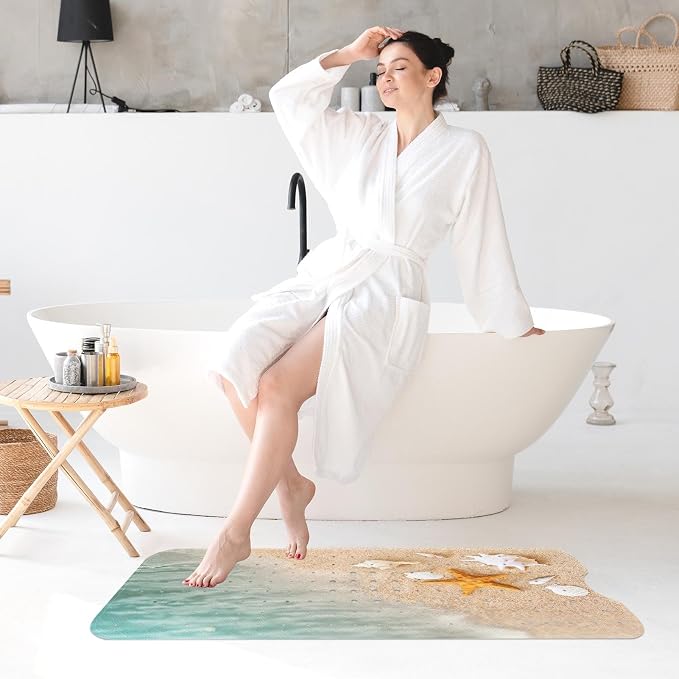 Starfish Summer Beach Bath Mat Non Slip, Sea Shell Ocean Fish 40 X 16 Inch Extra Long Bathtub Shower Mat for Tub Anti Slip with Suction Cups and Drain Holes for Kids Adults Elderly