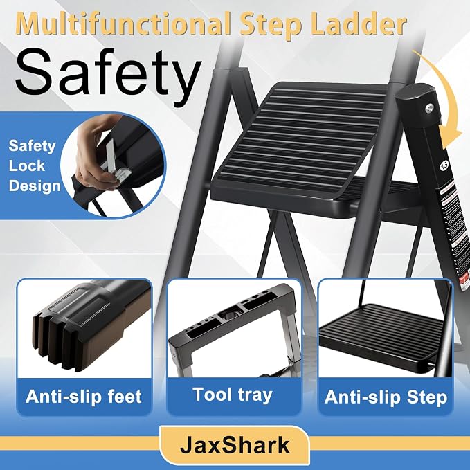 3 Step Ladder with Handrail Folding Step Stool with Tool Tray 500LBS Capacity Sturdy Carbon Steel Frame Anti-Slip Stripe Pedal for Home Kitchen Garage (black-3step)