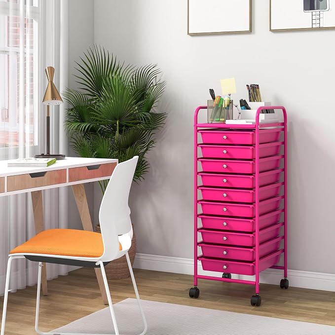 10-Drawer Rolling Storage Cart, Trolley w/Lockable 360° Wheels, 10 Removable PP Drawers, Sturdy Metal Frame, Rolling Utility Cart Perfect for Home, Office, Classroom (Hot Pink)