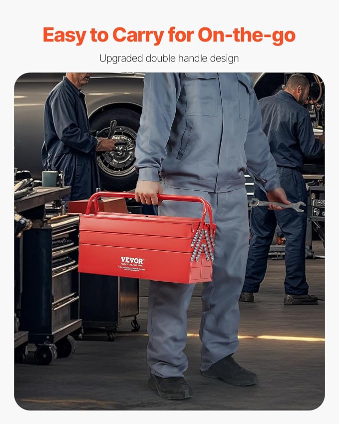 VEVOR Metal Tool Box, 18-inch, 3-Tier 5-Tray Portable Folding Tool Chest Organizer with Handle & Lock Hole, Powder Coated Steel, Cantilever Toolbox for Household Factory Warehouse Repair Shop, Red
