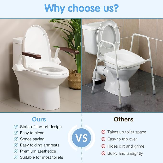 Toilet Safety Rails for Seniors, Heavy Duty Foldable Toilet Support for Seniors, Elderly Toilet Seat Rails with Arms, Toilet Bars for Elderly and Disabled Up to 520LBS, Easy Installation Toilet Frame