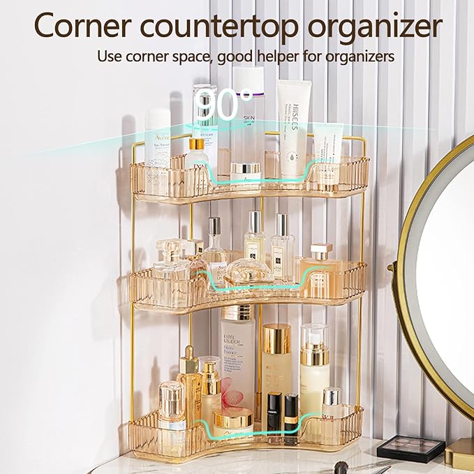 shuang qing 3-Tier Corner Bathroom Counter Organizer – Classic Storage Shelf for Makeup, Perfume & Toiletries, Space-Saving Countertop Tray Fits Bathroom, Dresser, Kitchen (Vintage Gold)