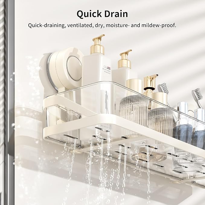 Suction Cup Shower Caddy, Removable Bathroom Organizer Shelf for Shower Storage, No Drilling Clear Square Shower Shelves, Large Capacity & Reusable, Home & Kitchen White