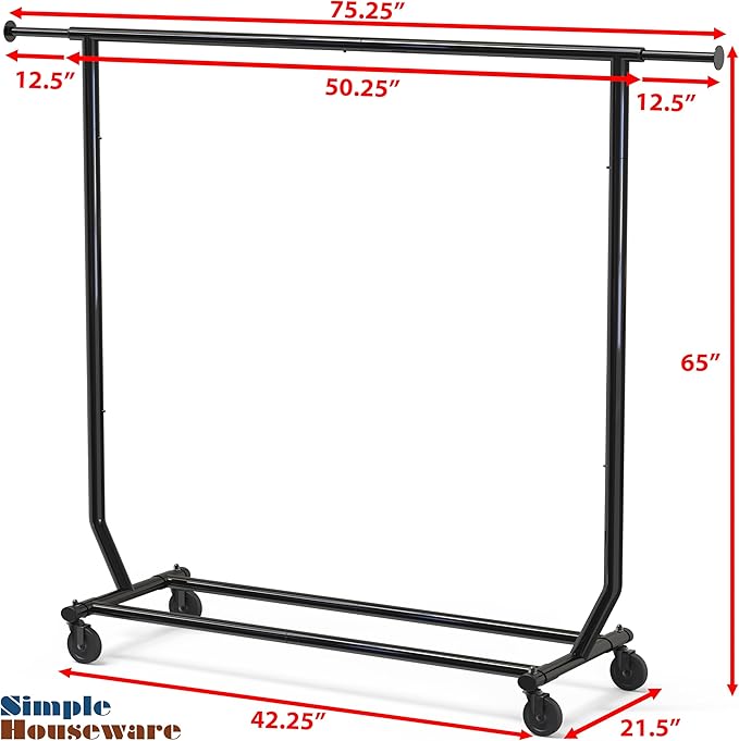 Simple Houseware Supreme Commercial Grade Clothing Garment Rack, Holds Up to 250 lbs, 50 to 75 Inches Extendable Rod, Black