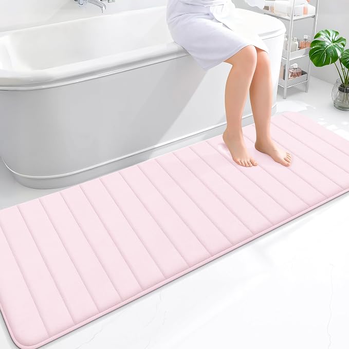 OLANLY Memory Foam Long Bathroom Rugs Runner 70x24, Super Soft Absorbent Bath Mat, Quick Dry, Machine Washable Shower Floor Rugs, Bathmat Carpet, Bathroom Home Decor Accessories, Pink