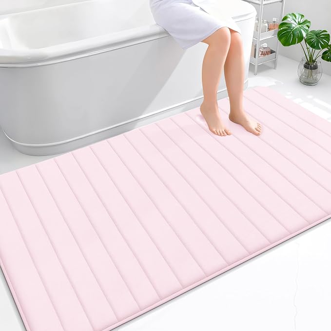 OLANLY Memory Foam Bath Mat 70x46, Super Soft Absorbent Bathroom Rugs, Quick Dry, Machine Washable Shower Floor Rugs, Bathmat Carpet, Bathroom Home Decor Accessories, Pink