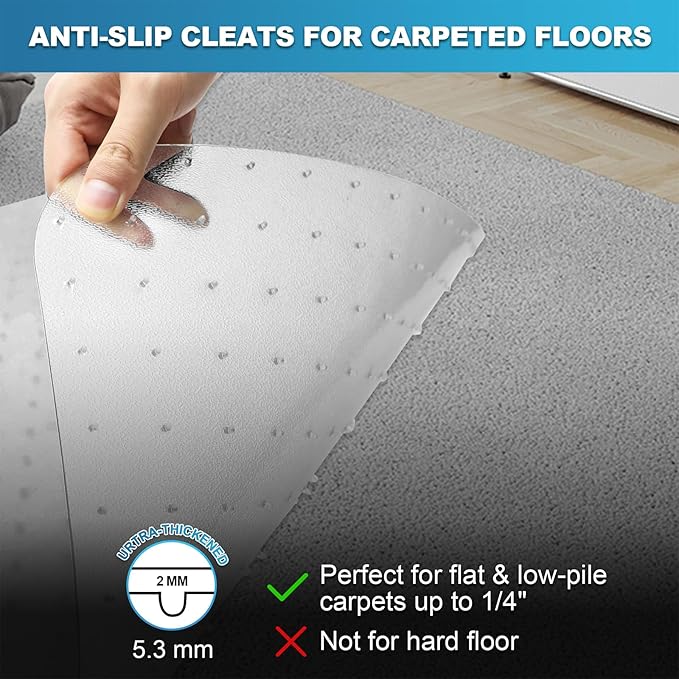 Thickened Chair Mat for Carpet - 47”X 35.5” Heavy Duty Office Chair Mat for Low-Pile Carpeted Floors. Carpet Protector for Office Computer Desk Chair. Easy Rolling, Clear