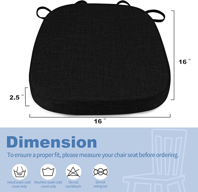 BUYUE Thickened 2.5" Dining Chair Cushions Set of 6, U-Shape High Density Foam Comfortable Chair Pads for Kitchen, Slip Resistant Indoor Seat Cushions (6 PCS, Black)
