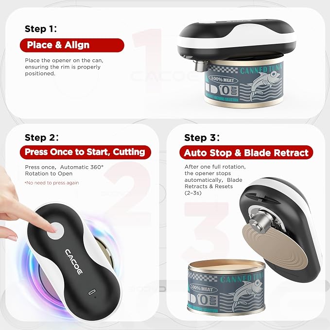 CACOE Automatic Smart Electric Can Opener with Auto Stop & USB-C Charging - Cordless Can Opener for Elderly and Arthritic Users for Seniors & Arthritis, Effortless One-Touch Open (black)
