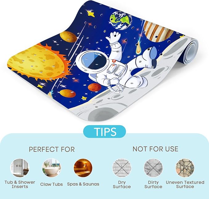 SHUCHING Blue Baby Bath Mat for Tub Non Slip-40 X 16Inch, Space Astronaut Bathtub Mat Anti Slip for Kids, Toddler Long Shower Mat for Bathroom Mold Free, Machine Washable