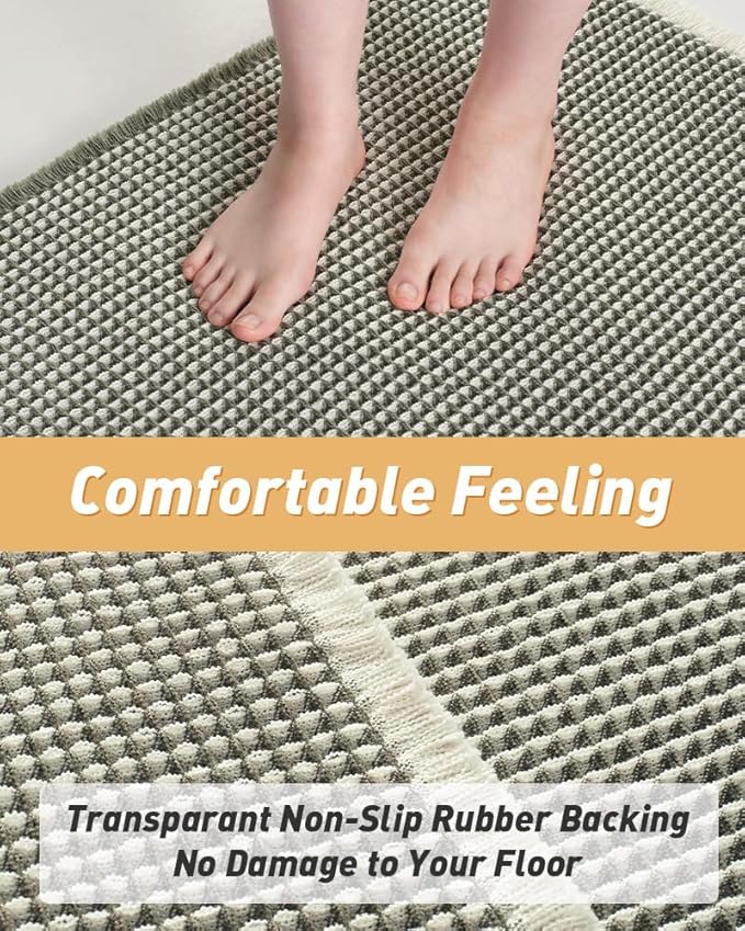 AMOAMI Upgraded Waffle Bath Mat, Super Absorbent Non Slip Bath Mats for Bathroom Floor, Machine Washable Bathroom Rugs with Tassels, Rubber Backed Bathroom Mats, Ultra Soft, 18" x 30", Green & Cream