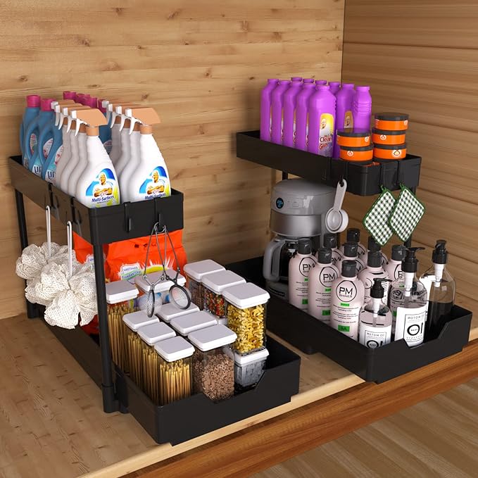 NATURE'S SOURCE 2 Pack Under Sink Organizer 2 Tier Sliding Cabinet Organizers Multi-Purpose Sink Storage Basket L-Shape Narrow Space Storage Shelves with 4 Hook for Kitchen Bathroom Drawer, Black