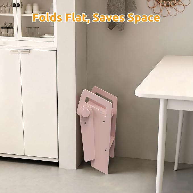 Wooden 2 Step Stool for Toddler Kids Bathroom Foldable 2-Step for Toilet Potty Training, Child Stepping Stool for Kitchen Nursery Bedroom Pink