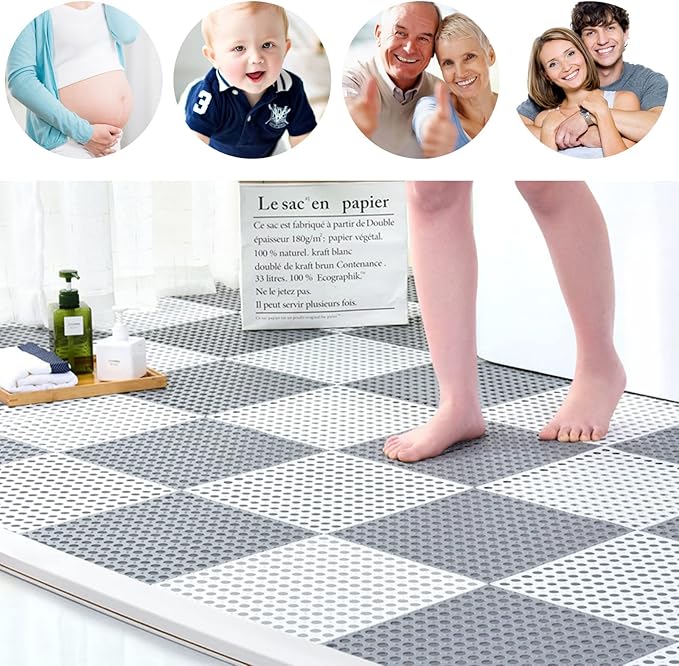 12 Pack 11.8" x 11.8" Interlocking Floor Tiles with Drain Holes Soft PVC Non Slip Shower Floor Mat Modular Interlocking Cushion Mat for Drain, Pool, Patio, Balcony, Kennel, Poultry, Floor Grid, Grey