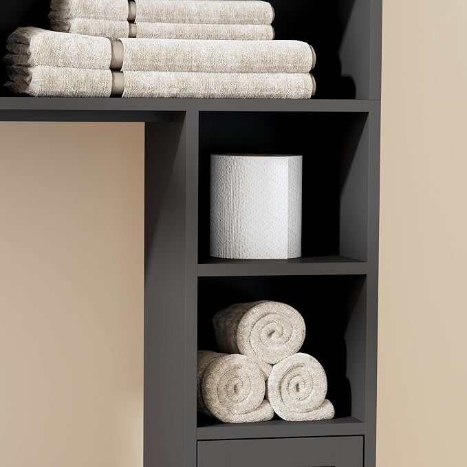 Homhedy 67" H Over The Toilet Storage Cabinet, Bathroom Organizer with Rattan Decorated Doors, Adjustable Shelves, Toilet Paper Holder, Space-Saving Bathroom Shelf for Small Spaces, Natural and Black