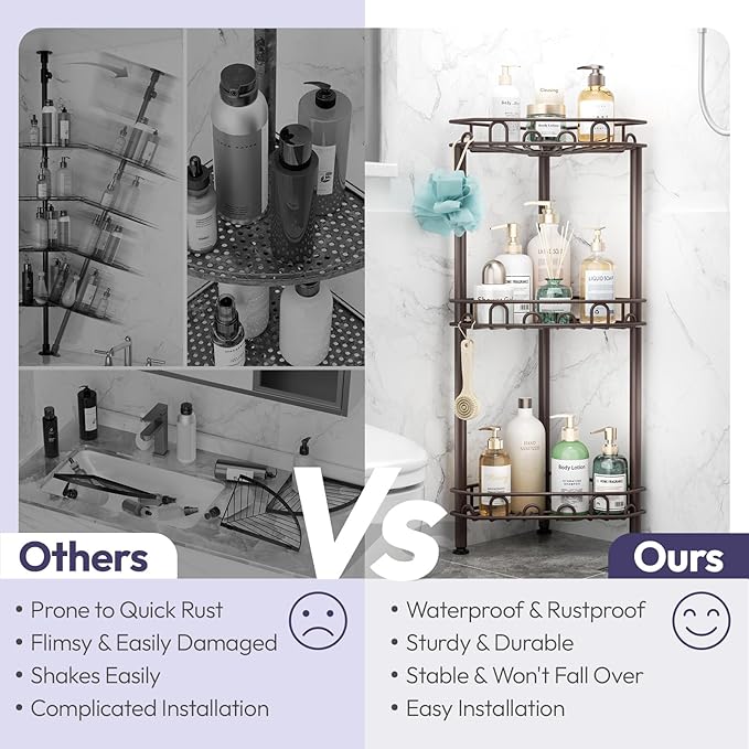 SWTYMIKI Standing Shower Caddy Corner - 3‑Tier Stainless Steel Shower Organizer Shelf with 12 Hooks and Adhesive Pads, Rustproof Corner Shelves Stand Rack for Bathroom Shower Room, Bronze
