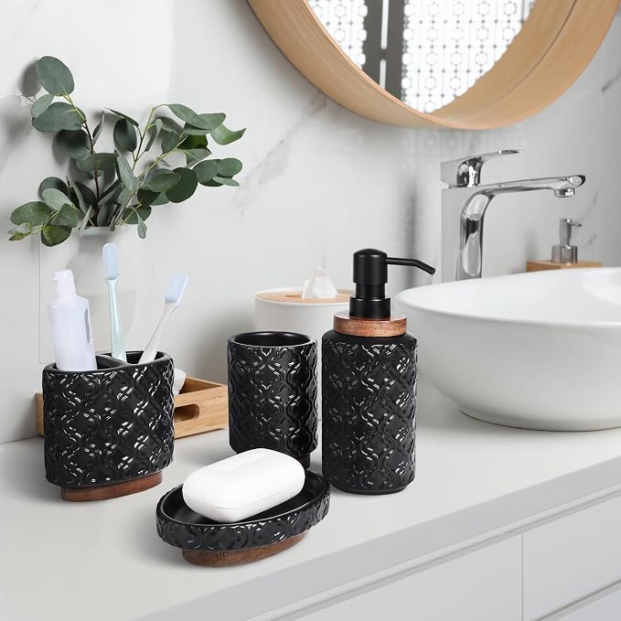 RQYIXI Elegant 4 PCS Ceramic&Wood Bathroom Accessories Set:Soap Dispenser,Toothbrush Holder,Tumbler,Soap Dish,Easy to Clean,Quatrefoil Pattern,Black-Affordable Luxury for Home Decor Enthusiasts