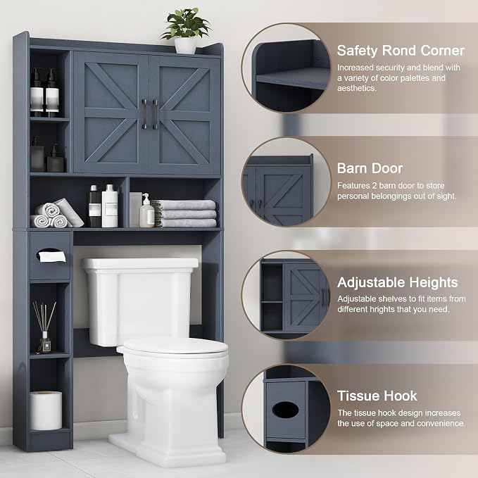 Vabches Over The Toilet Storage Cabinet, Farmhouse Storage Cabinet Over Toilet with 2 Barn Door & Toilet Paper Holder Stand，Home Space-Saving Toilet Rack, for Bathroom, Restroom, Laundry,Blue