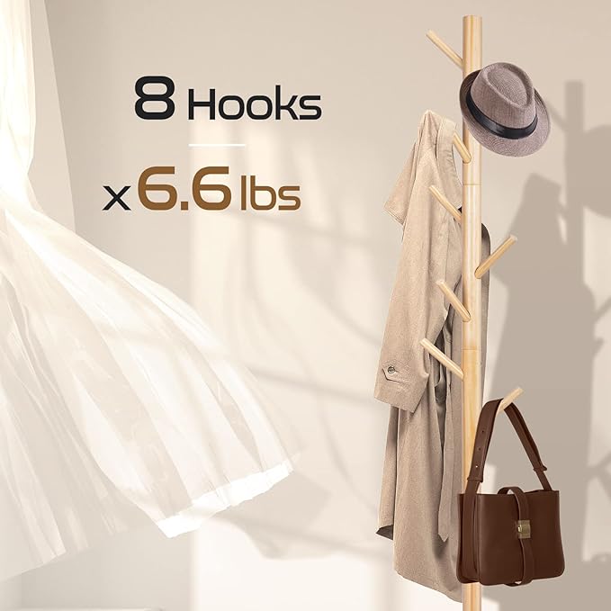 2 PC Wooden Coat Rack Freestanding with 8 Hooks & 3 Adjustable Sizes for Clothes, Space-Saving Design for Bedroom Office Entrance Holds Hats Coats Scarves Bags