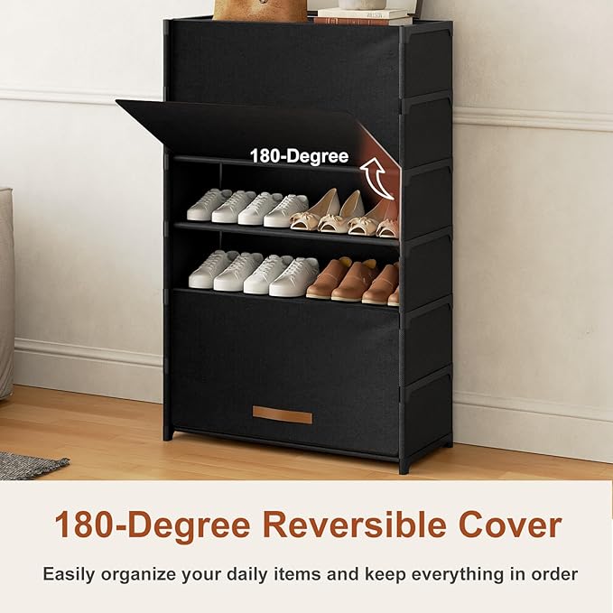 Shoe Rack, 7 Tier Shoe Storage Cabinet with Door 28 Pair Plastic Shoe Shelves Organizer for Closet, Entryway, Hallway, Bedroom, Black